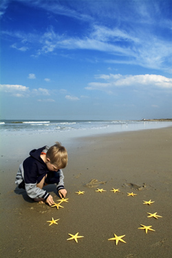 Niño en la playa con estrellas de mar