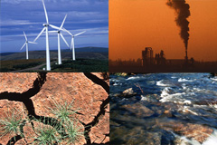 Wind farm, factory, arid ground, running water